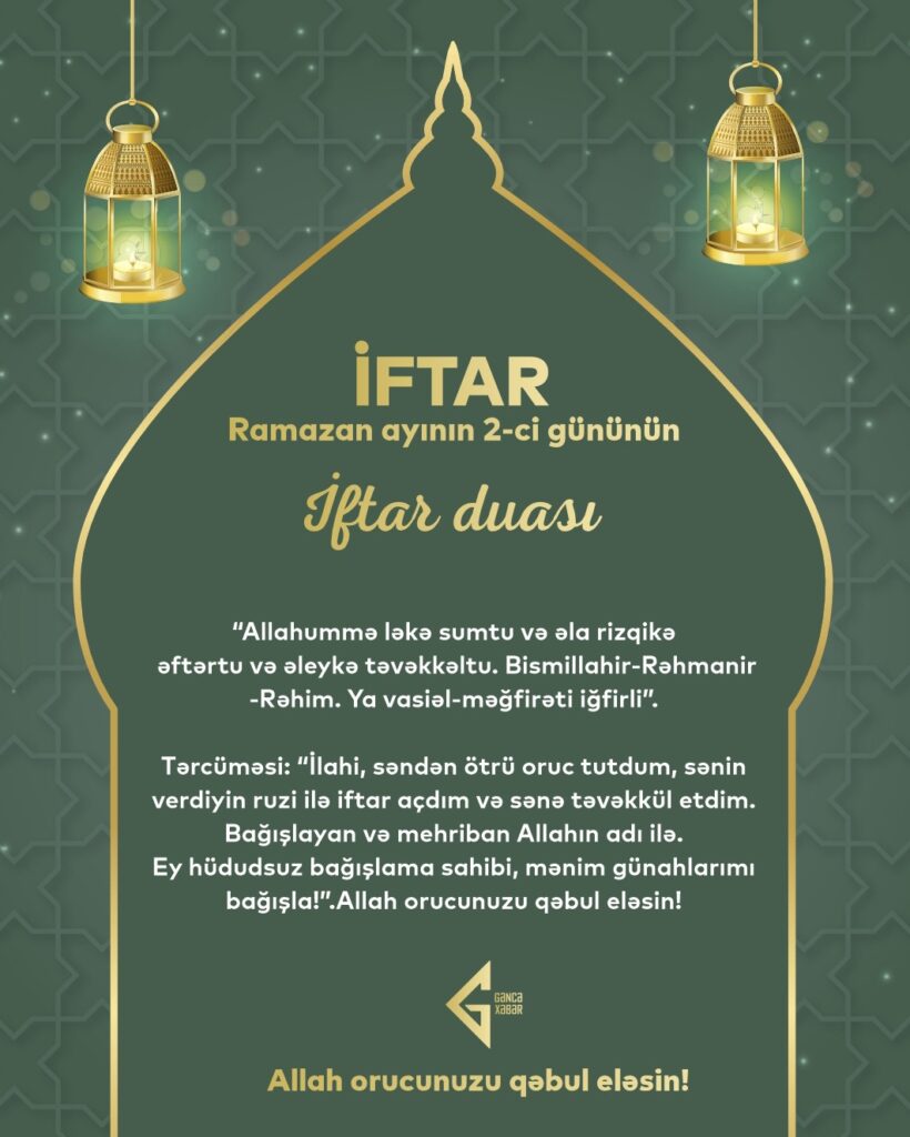 Ramazan ayının ikinci gününün imsak, iftar və namaz vaxtları