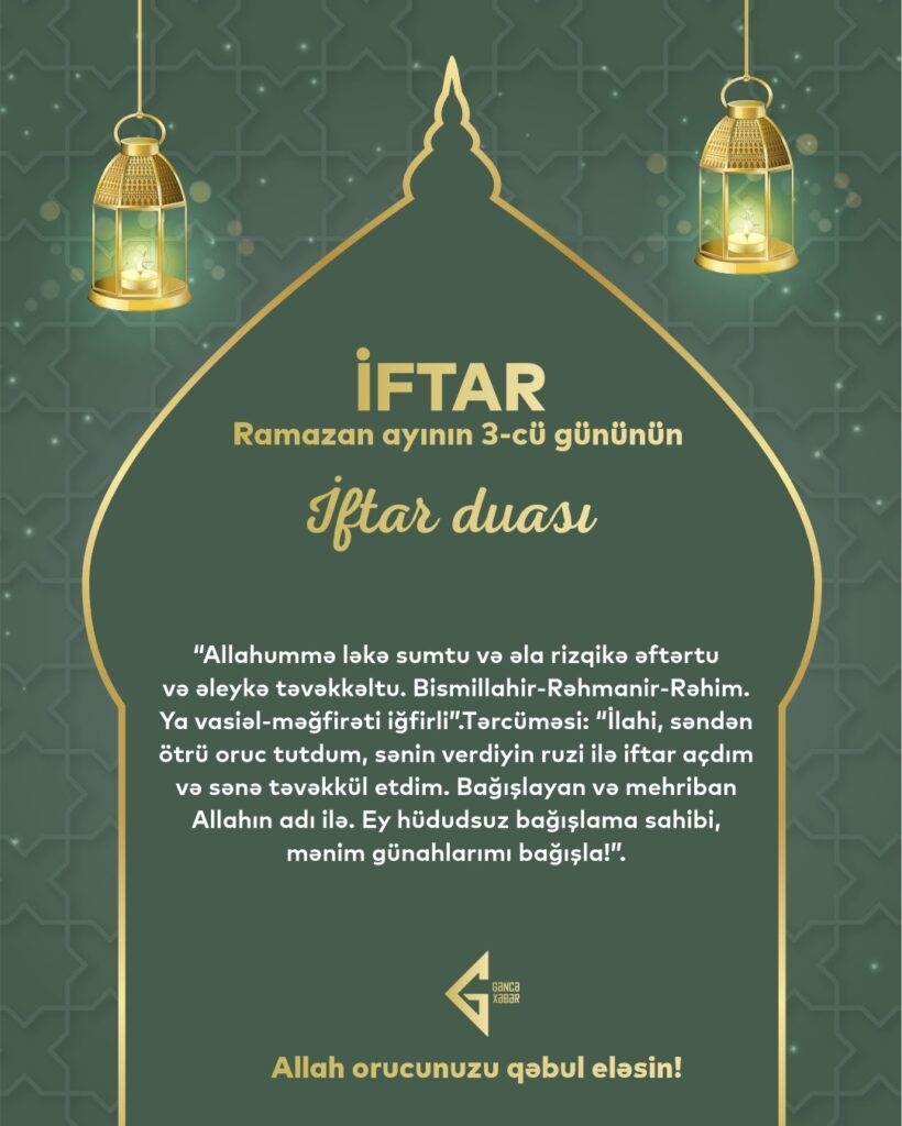 Ramazan ayının üçüncü gününün imsak, iftar və namaz vaxtları