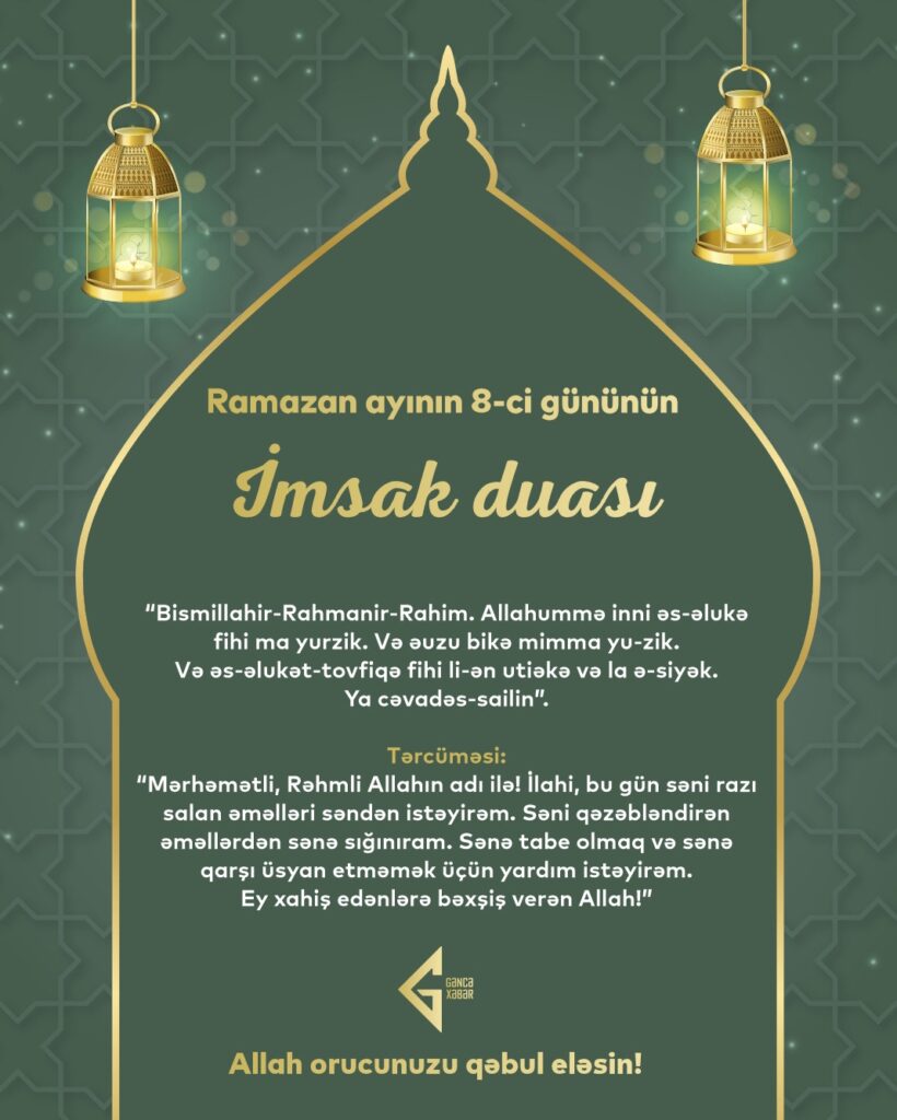 Ramazan ayının səkkizinci gününün imsak, iftar və namaz vaxtları
