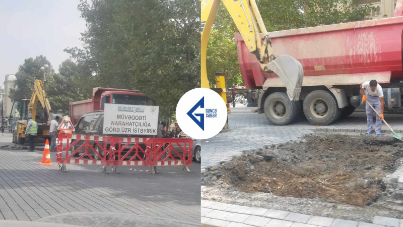 Gəncədə döşəmə daşlarının təmir-bərpa işləri aparılır