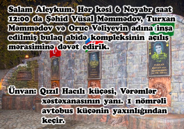 Gəncədə üç şəhidin adına tikilən ehsan bulağının açılışı baş tutacaq