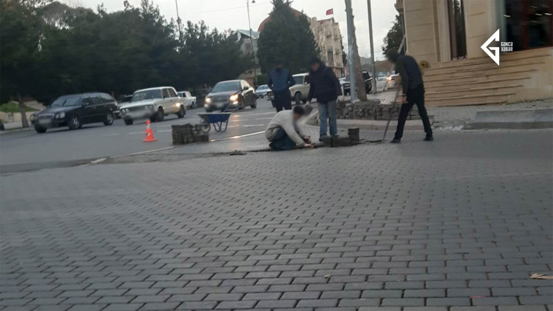 Gəncənin mərkəzi küçələrində tamet daşları örtüyü yenilənir