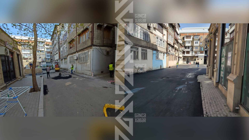 Gəncədə bina həyətlərinə asfalt örtüyü çəkilir