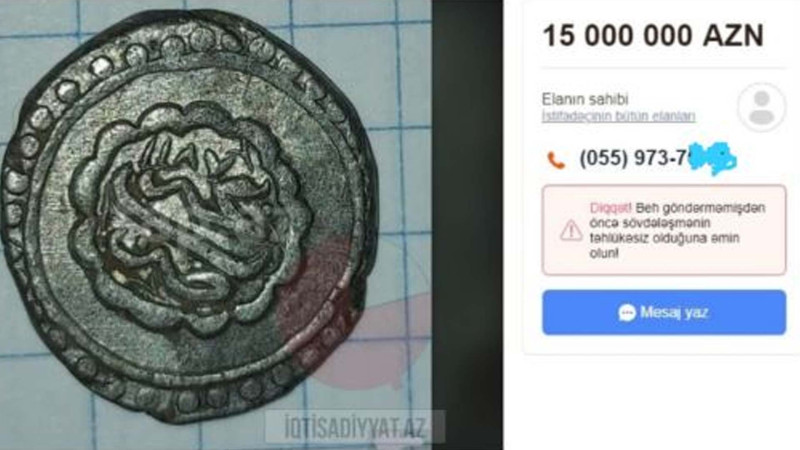 Gəncə xanlığı dövrünə aid sikkə 15 milyon manata təklif olunub