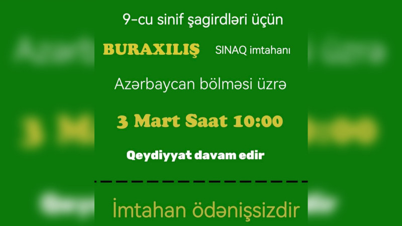 9-cu sinif şagirdləri pulsuz sınaq imtahanı verə bilərlər
