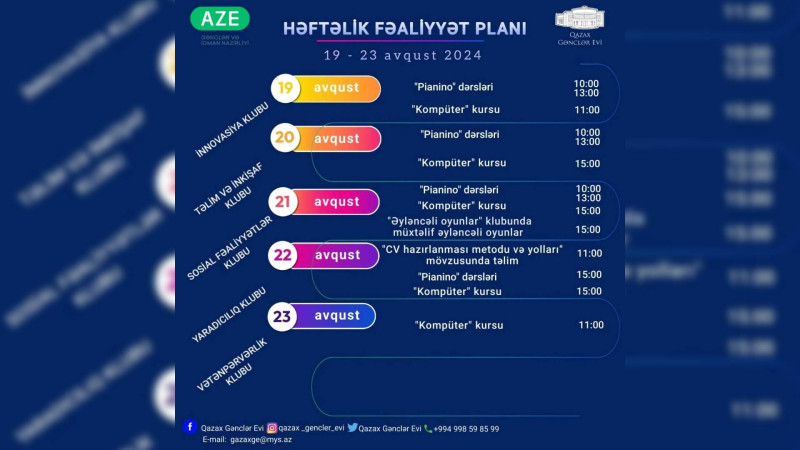 Qazax Gənclər Evində bu həftə hansı təlimlər keçiriləcək?