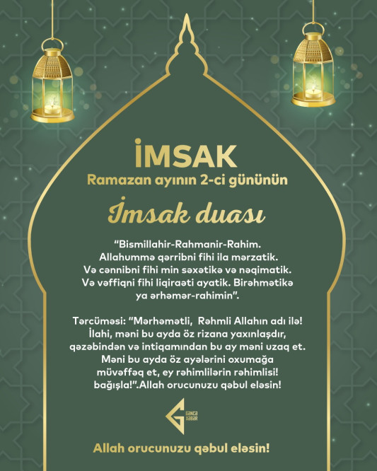 Ramazan ayının ikinci gününün imsak, iftar və namaz vaxtları