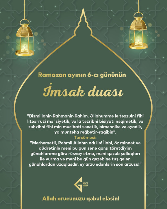 Ramazan ayının altıncı gününün imsak, iftar və namaz vaxtları