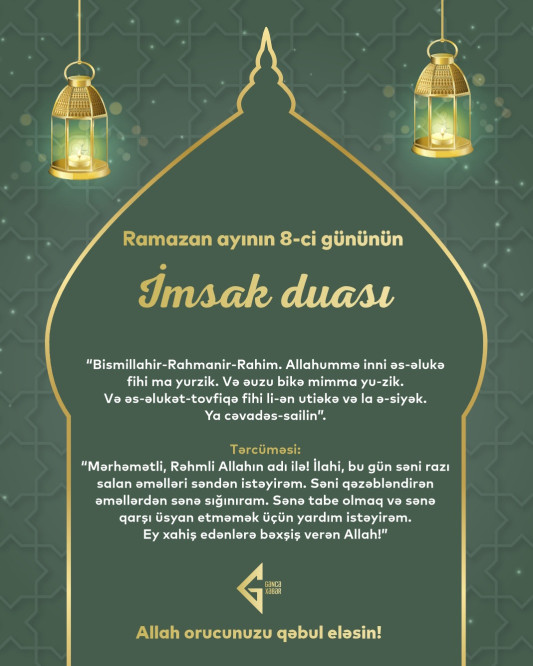 Ramazan ayının səkkizinci gününün imsak, iftar və namaz vaxtları