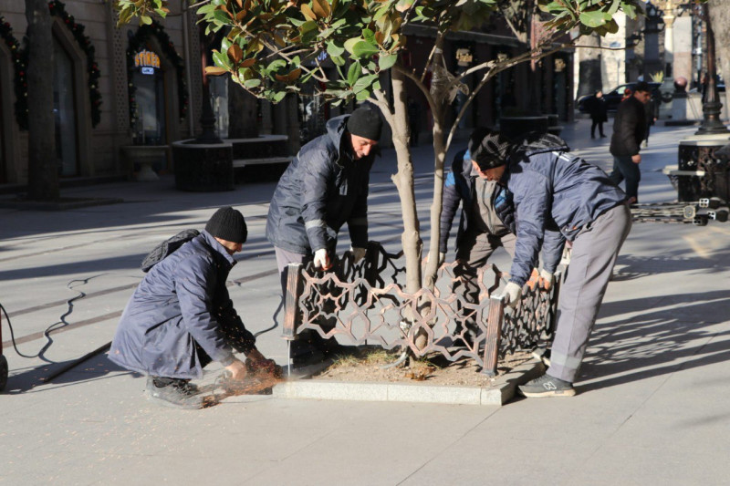 Gəncədə işıq dirəkləri boyanıb, məhəccərlər təmir edilib