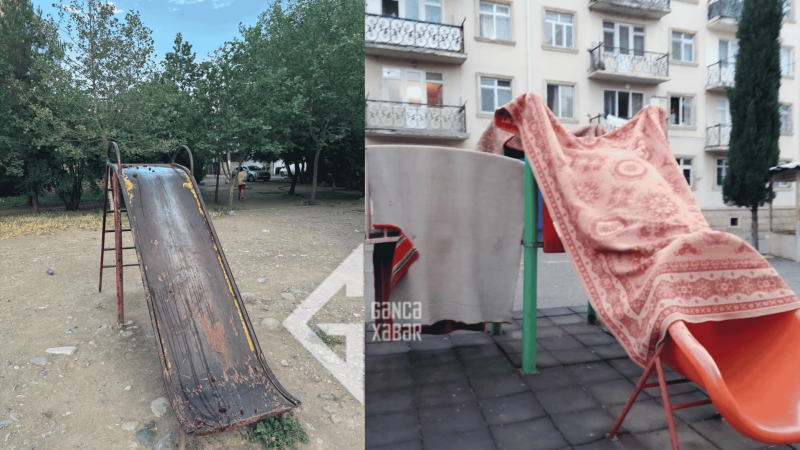 Gəncədə uşaq meydançaları: Quruyan xalçalar, paslı yelləncəklər…