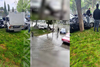 Yağışda sürüşən avtomobil üç maşına ziyan vurub