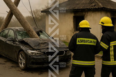 “BMW” elektrik dirəyinə çırpıldı, evdə yanğın baş verdi
